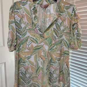 Leaf Patterned V-Neck Blouse